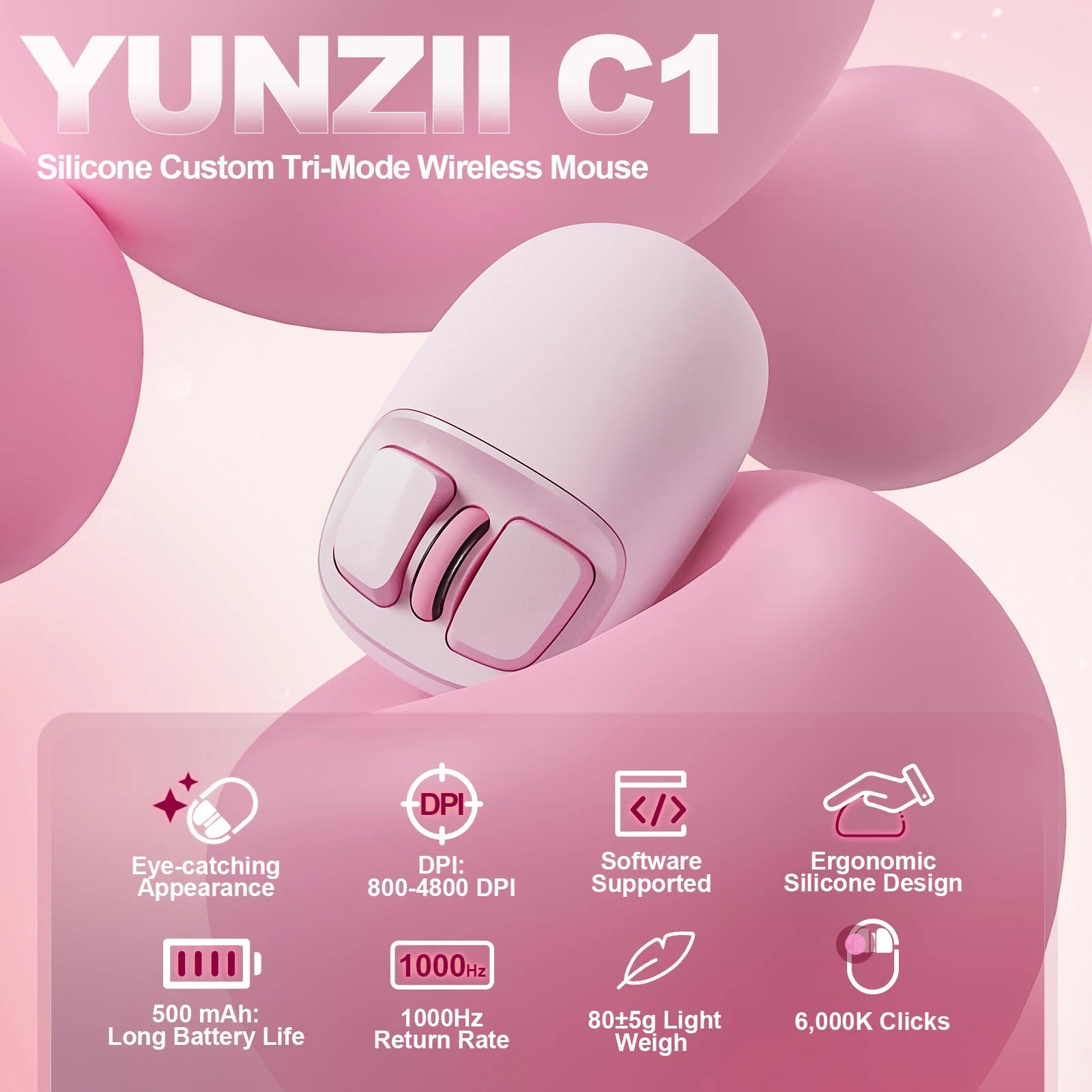 YUNZII C1 Wireless Mouse, 6 Levels DPI Optical Tracking, Silicone Customize Tri-Mode 2.4G/USB-C/ Bluetooth Gaming Mice for Work