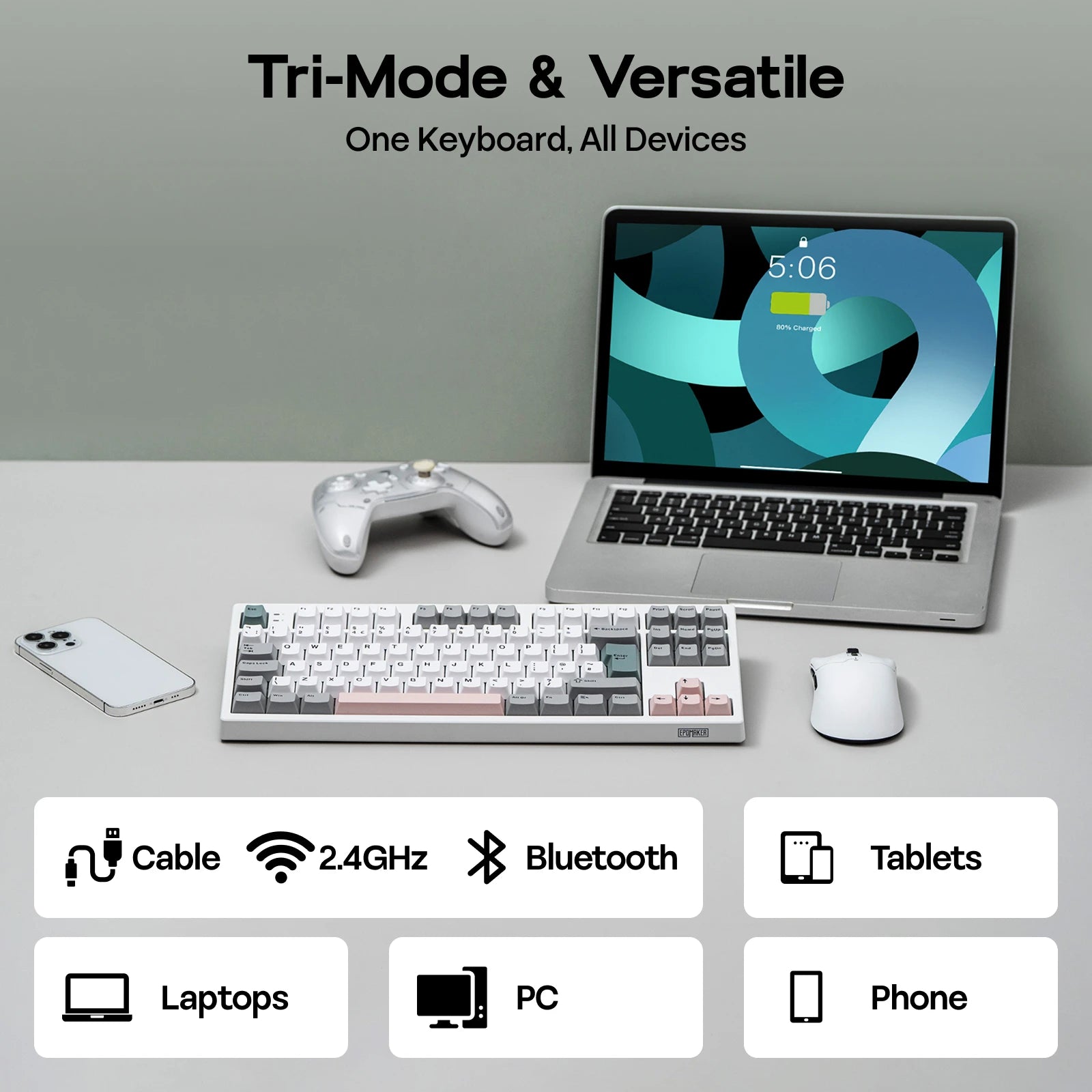 EPOMAKER TH87 ISO-UK Tenkeyless TKL Layout Hot-Swap Gasket Wired/Bluetooth/2.4Ghz Wireless Mechanical Keyboard 10000mAh Battery