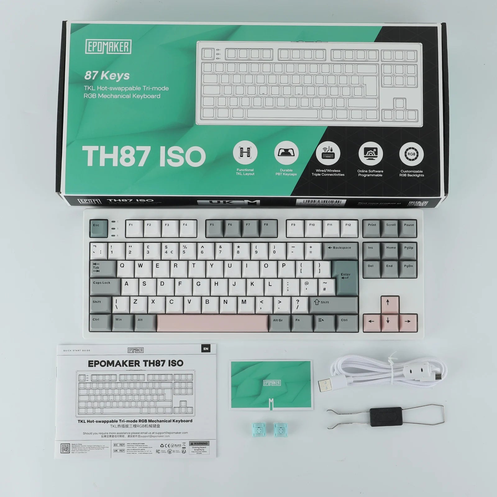 EPOMAKER TH87 ISO-UK Tenkeyless TKL Layout Hot-Swap Gasket Wired/Bluetooth/2.4Ghz Wireless Mechanical Keyboard 10000mAh Battery