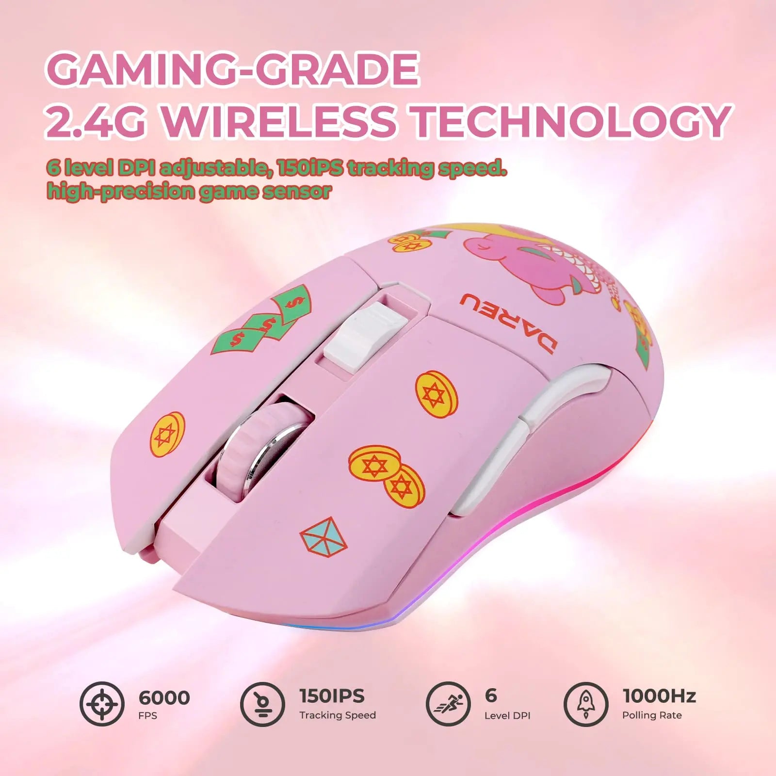 DAREU Dual Modes Gamer Mouse RGB 2.4G Wireless Wired Gaming Mice Built-in 930mAh Recharging Battery for PC Laptop
