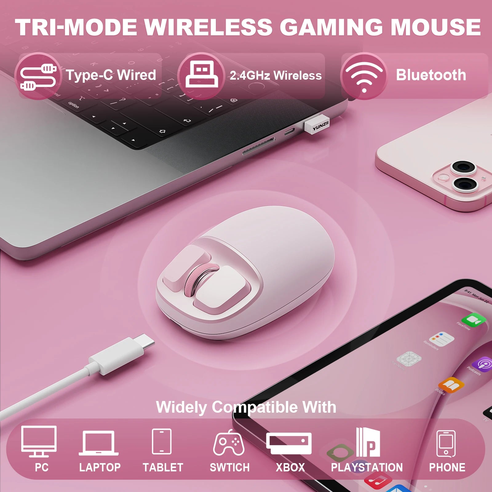 YUNZII C1 Wireless Mouse, 6 Levels DPI Optical Tracking, Silicone Customize Tri-Mode 2.4G/USB-C/ Bluetooth Gaming Mice for Work