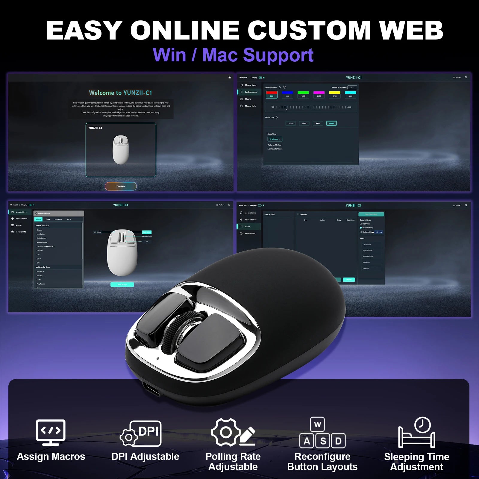 YUNZII C1 Wireless Mouse, 6 Levels DPI Optical Tracking, Silicone Customize Tri-Mode 2.4G/USB-C/ Bluetooth Gaming Mice for Work