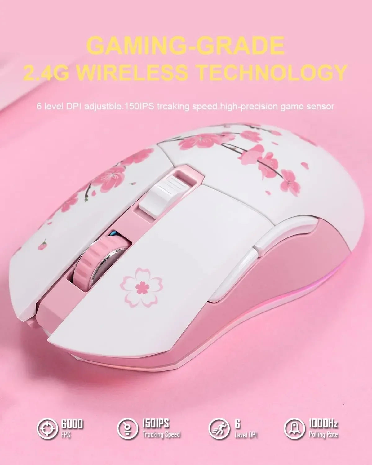 DAREU Sakura Pink Wireless Wired Gaming Mouse Dual-Mode Rechargeable 7 Buttons DPI RGB and 7 Adjustable DPI for PC Notebook Mac