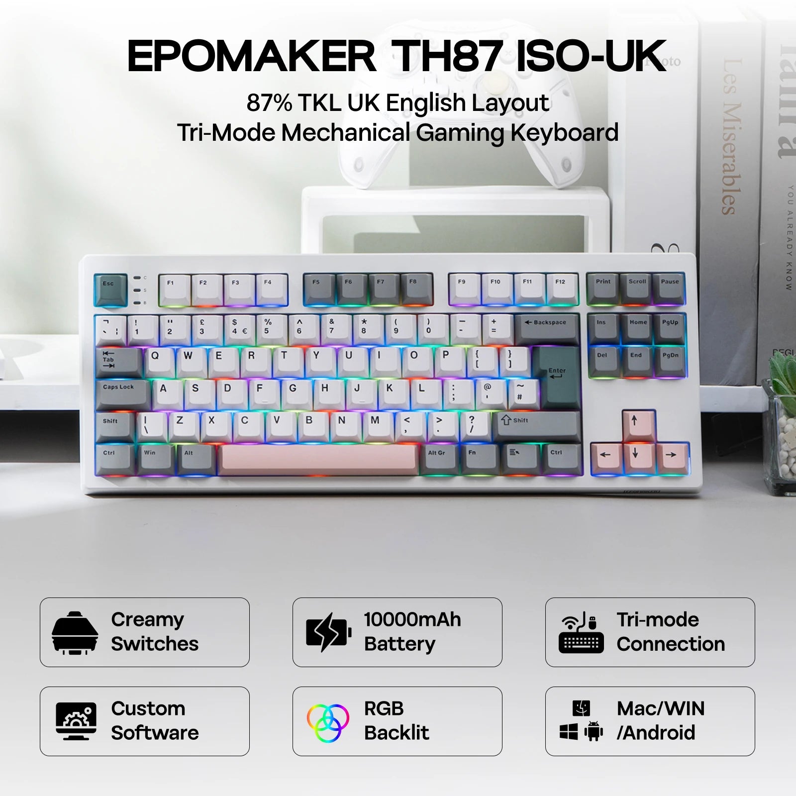 EPOMAKER TH87 ISO-UK Tenkeyless TKL Layout Hot-Swap Gasket Wired/Bluetooth/2.4Ghz Wireless Mechanical Keyboard 10000mAh Battery