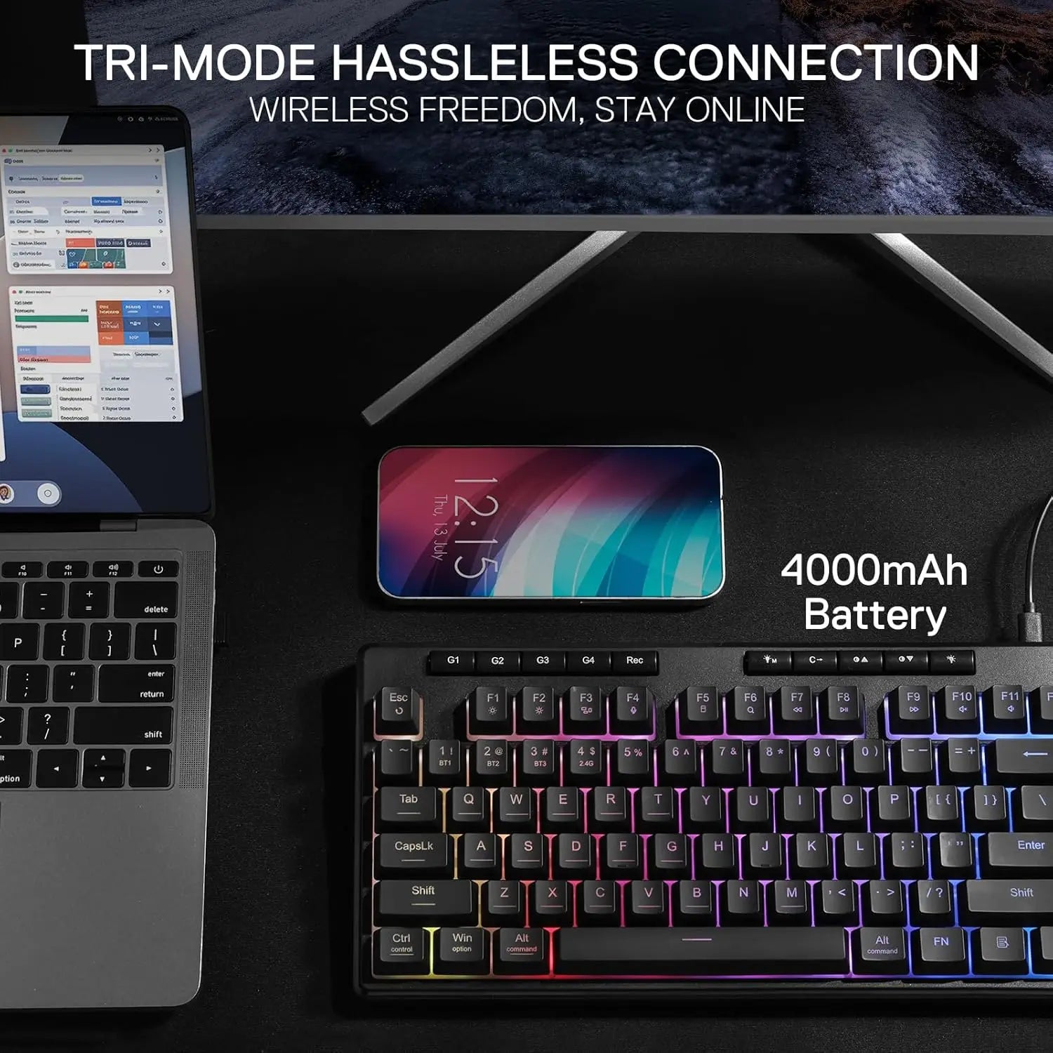 Redragon K516 PRO Shiva TKL RGB Wireless Membrane Gaming 87 Keys Mechanical-Feel Keyboard,Smooth Linear Switch