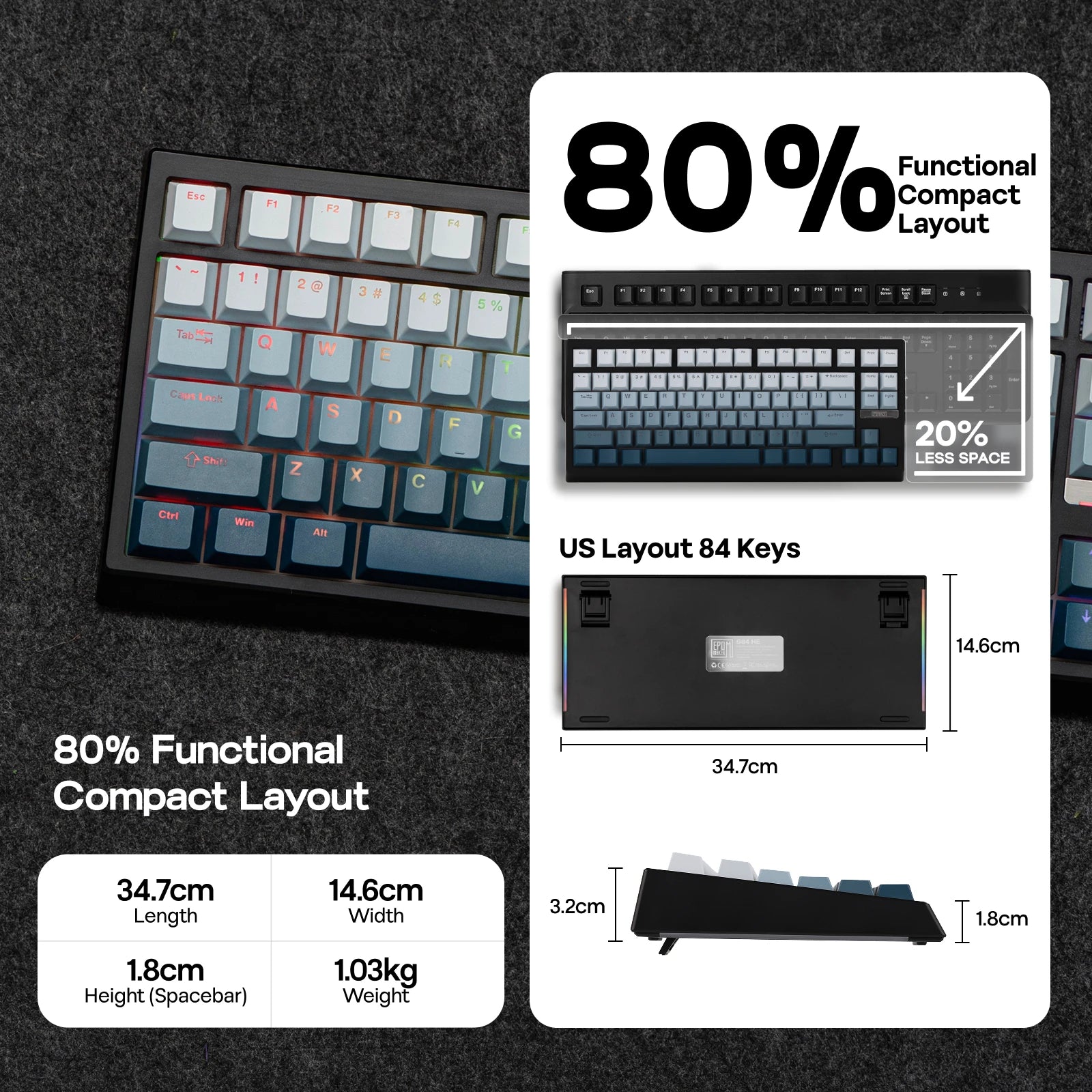 EPOMAKER G84 HE 75% ANSI US Layout Wired/BT/2.4Ghz Wireless Hall Effect Magnetic Mechanical Keyboard with DKS & SOCD Support